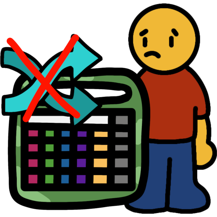 A frowning person next to a green AAC device with two crossed out connected arrows above it